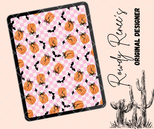 Pink checkered pumpkins & bats seamless